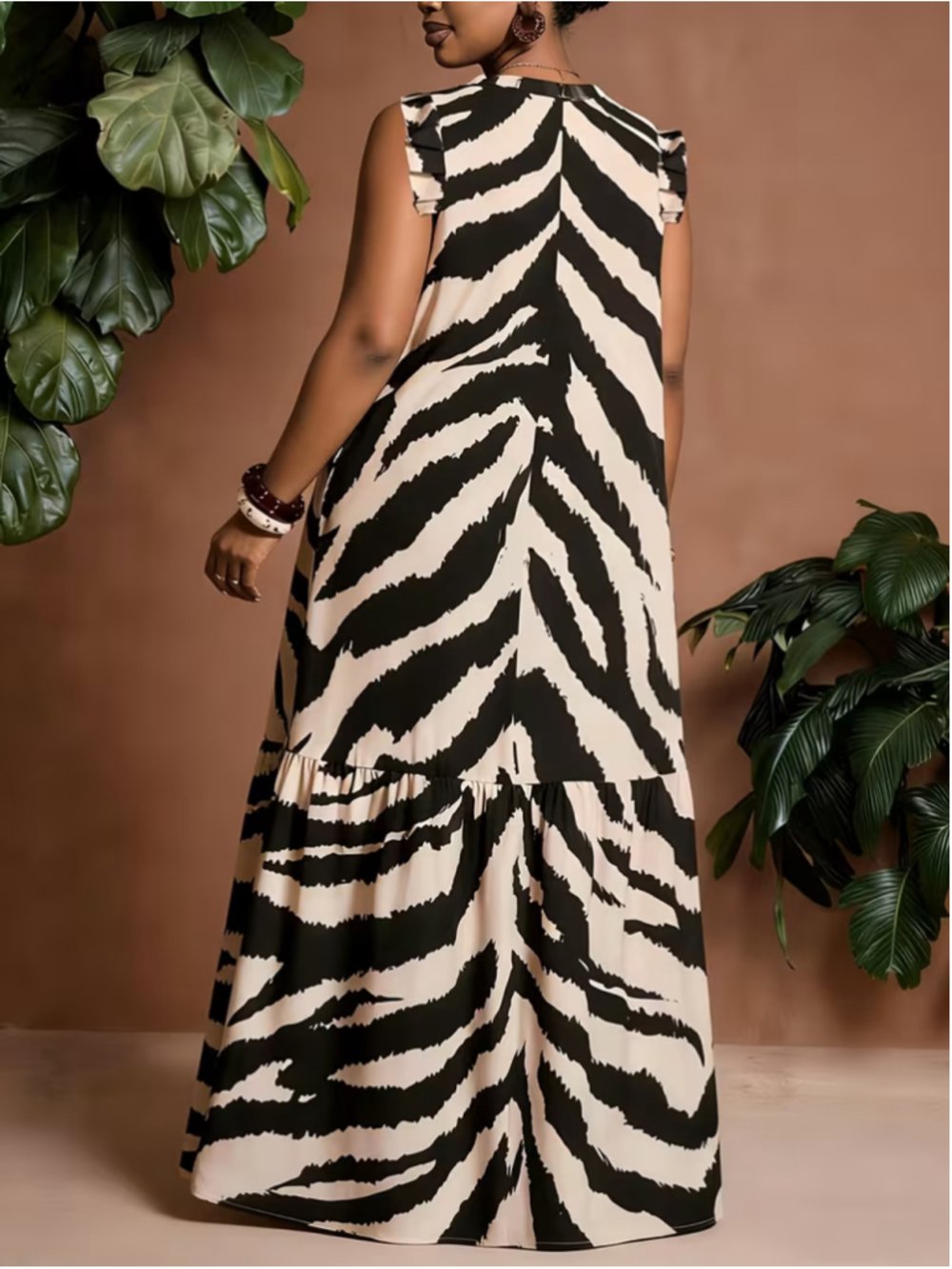 Osadia Plus Size 3X Zebra Print Maxi Dress Ruffle Sleeve V Neck Polyester Boho - Picture 4 of 8